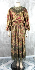 Vintage Oscar de la Renta 2pc Gold Silk Floral Lace Applique Top Skirt Sz 6 - Picture 1 of 12