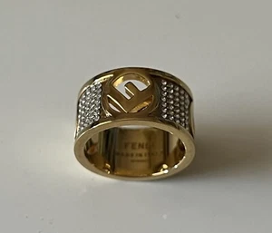 Fendi F is Fendi Logo Ring Wide Band Crystal Gold Metal Size Medium NWOB - Picture 1 of 7