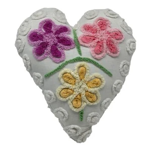 NEW Handmade Large Vintage Chenille Heart Pillow 3 Plush Flowers Valentine Decor - Picture 1 of 10
