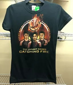 T-shirt nera da donna The Hunger Games Catching Fire Katniss Peeta Finnick taglia M - Foto 1 di 8