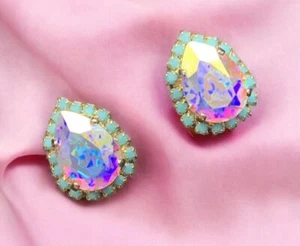 Wedding Event Pierced Earrings Vitrail Crystal Aqua Rhinestone Pear Shape 1/2” - Picture 1 of 9