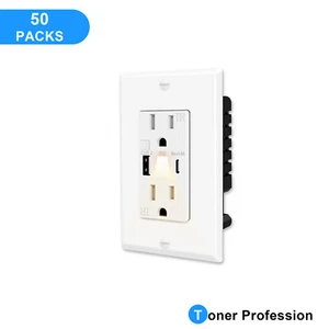50PK 15Amp USB A/C Ports Electrical Outlet with Night light Wall Plate Included - Picture 1 of 8