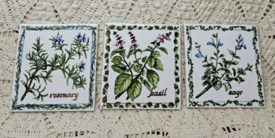 Set Of 3 JEFFREY COURT Botanical Herb Tiles Basil Sage Rosemary 4 1/4" Made USA - Image 1 of 4