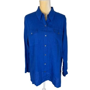NWT Chicos Royal Blue Linen Button Front Long Sleeve Collared Shirt Size 2 Large - Picture 1 of 8