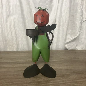 Pumpkin Head Halloween Metal Figure Tea Light Candle Holder 10” W/bat - Picture 1 of 13