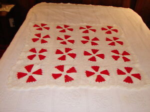 Granny Square Crochet Afghan Handmade Handcrafted Throw Blanket red and white