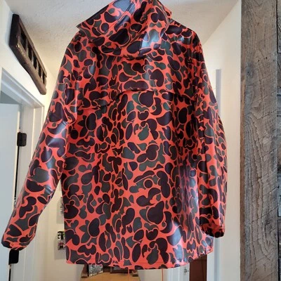 Capa de chuva 100% revestida de PVC camuflada laranja caça. Grande masculino. Bom estado. - Imagem 1 de 4