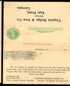 CV20p PostalCard UY6 1911 1c+1c Green Advt. Virginia Bridge& Iron Co. E.Point Ga - Picture 1 of 2