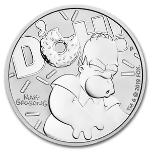 2019 Homer Simpson - The Simpsons 1oz Silver Coin *FREE Post* Donut D'OH! - Foto 1 di 2