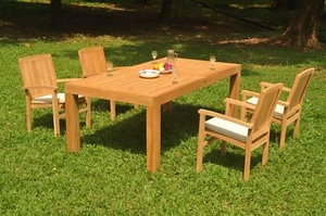 A-Grade Teak 5pc Dining 86" Canberra Rectangle Table Wave Stacking Arm Chair Set - Picture 1 of 1