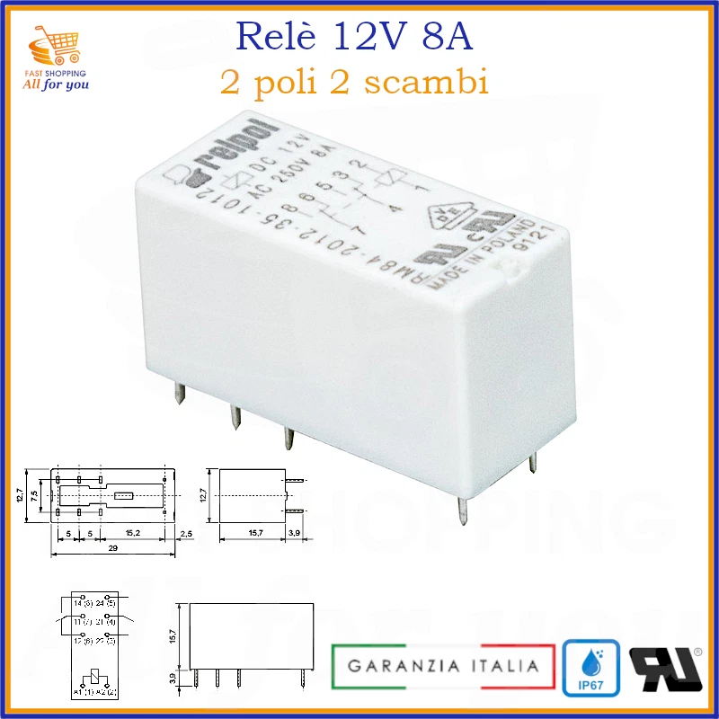 Rele 12V volt elettronico di potenza 2 poli scambi contatti 8A doppio scambio - Image 1 of 1