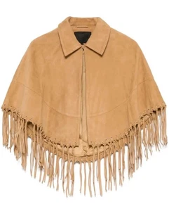 Women's Tan Suede Leather Fringe Cape Poncho Western Boho Jacket Shawl Wrap - Picture 1 of 6