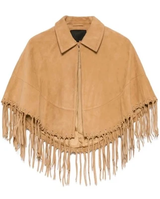 Women's Tan Suede Leather Fringe Cape Poncho Western Boho Jacket Shawl Wrap - Image 1 of 4