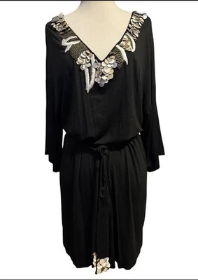 Mini Vestido Túnica Trina Turk Cinturón Mujer Talla 6 Negro Adornado Cuello en V Lentejuelas Foto 1 de 4