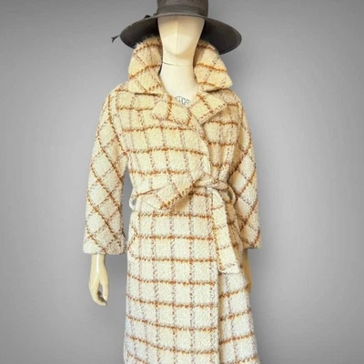 Vintage 1960s Robinson’s Department Cream Mohair Wool Belted Coat Plaid Mod  - Image 1 of 4