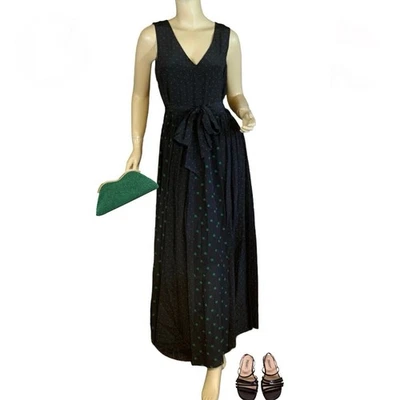 VESTIDO MAXI DE SEDA CON CINTURÓN Y ESTAMPADO DE LUNARES NEGROS Y VERDES DE ELIE TAHARI TALLA 2 Foto 1 de 4