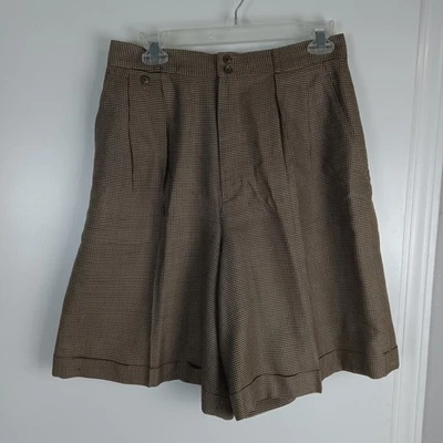 Bermuda plissada Ralph Lauren feminina 12 marrom Houndstooth seda algodão - Imagem 1 de 4