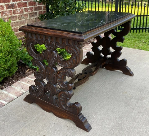 Antique French Renaissance Revival Coffee Table Bench Settee Marble Top Oak Cover