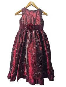 My Best Kid Girls Burgundy Formal Dress 12 Taffeta Embroidery Sleeveless Rosette - Picture 1 of 7