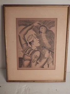 Vintage 1943 Framed Signed Lithograph Sailor & Parrot Elise Donaldson 1887-1980 - Picture 1 of 6