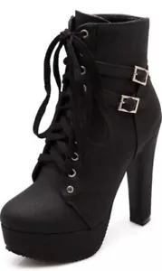 Women's 8 Autumn Round Toe Lace up Ankle Buckle Chunky High Heel Platform Boots - Picture 1 of 6