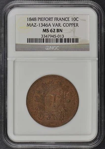1848 France Essai 10C Maz-1346A Piefort NGC MS62BN - Picture 1 of 4