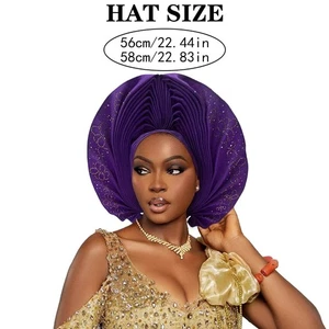 Sombrero africano gorro turbante estrás plisado auto gele headtie boda nigeriana - Imagen 1 de 15