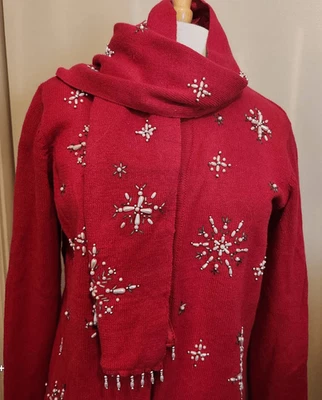 C11 Ciervo Blanco Rojo Brillante Suéter Cárdigan y Bufanda con Cuentas de Copo de Nieve Blanco Foto 1 de 4