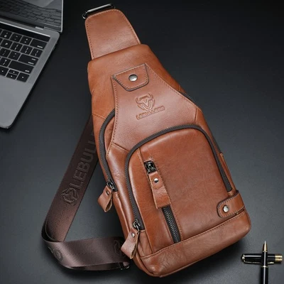 LEBULLBRO Men Sling Backpack Genuine Leather Chest Crossbody Travel Shoulder Bag - Image 1 of 4