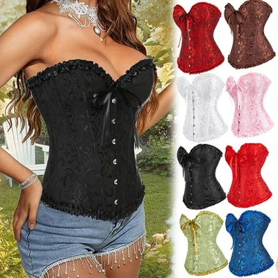 Women's Bustier Overbust Boned Corset Burlesque Basque Top Lace Up Costume Plus - Image 1 of 4