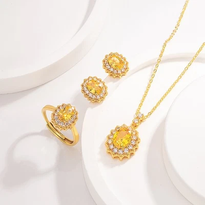 New Zircon Jewelry Set Yellow Citrine Flower Gold Women Ring Earring Pendants - Image 1 of 4