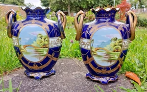 Kinjo Japan Nippon Pair Hand Painted Porcelain Decorative Vases - Picture 1 of 11