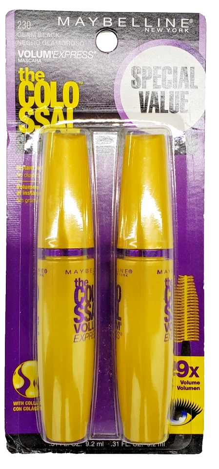 ДВЕ УПАКОВКИ Maybelline Volum'Express колоссальная моющаяся тушь для ресниц - 230 гламурный черный - Изображение 1 из 1