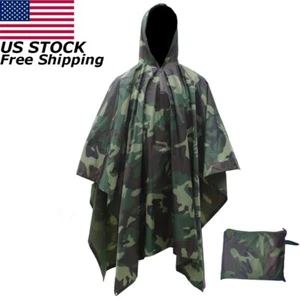 Military Rain Poncho Waterproof Raincoat Cover Rain Cape Hooded Hiking Camping~ - Picture 1 of 19