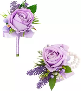 Purple Corsage and Boutonniere Set for Wedding Prom, Artificial Flower Wrist Cor - Picture 1 of 6