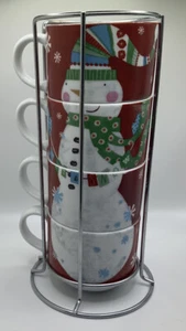 Pier 1 Imports Stacking Snowman Coffee Mugs Cups Set of 4 with Stand Christmas - Picture 1 of 6