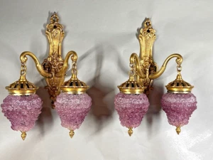 Wall Lamps Sconces Louis XVI Bronze Pair with Purple Crystal Shades Vintage - Picture 1 of 15