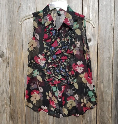 Ralph Lauren 2P Top Black Floral Ruffle Button Sheer Blouse 80s 90s Boho Artsy - Image 1 of 4
