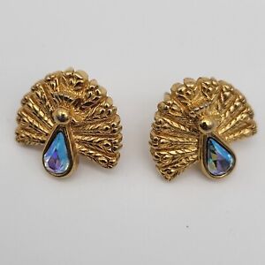 Avon Peacock Pierced Earrings Gold Tone Metal with Blue Rhinestone