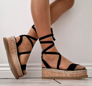 Ladies Black High Wedge Heels Platform Sandals Open Toe Party Club Shoes Wide - Picture 1 of 8