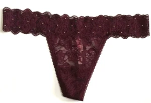 Victoria's Secret weinrot Blumen Spitze Tanga Höschen Größe L verzierte Nieten Taille - Bild 1 von 14