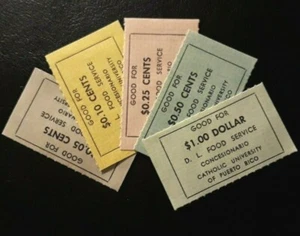 Set 5 UNIVERSIDAD CATOLICA PONCE Puerto Rico Food Stamp CUPONES Token Ficha Vale - Picture 1 of 12