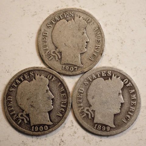LOT OF 3 BARBER SILVER DIMES - 1899P, 1900P, 1907P - FREE SHIPPING! A3443 Cover