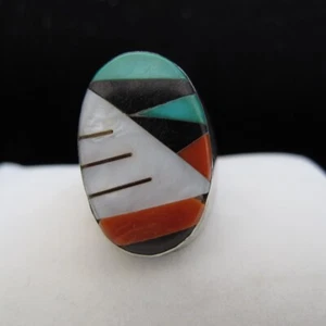 Zuni Sterling Silver Turquoise Coral Jet MOP Inlay Wide Ring SZ 8 24.2g C694 - Picture 1 of 6