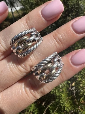 David Yurman Ladies 925 18k  Two Tone Silver Gold Wellesley Hoop Earrings - Image 1 of 4