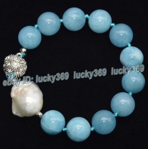 Brazalete redondo de perlas barrocas blancas y gemas de larimar azules de 12 mm cierre magnético de 7,5-8" - Imagen 1 de 3