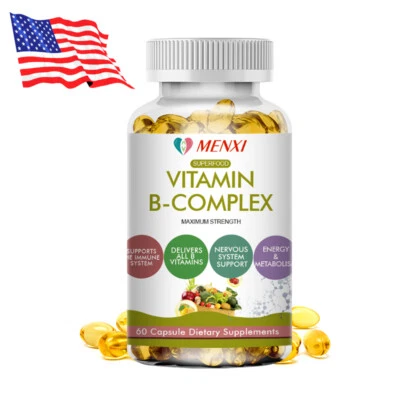 Vitamin B Complex 60 Capsules B1,B2,B3,B5,B6,B7,B9,B12, Immune Support Pills - Image 1 of 4