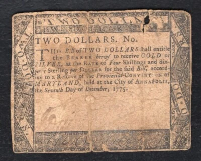 DECEMBER 7, 1775 $2 TWO DOLLARS MARYLAND COLONIAL CURRENCY NOTE - Image 1 of 2