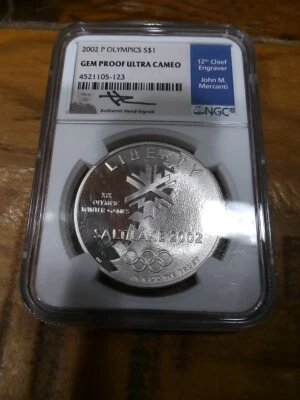 2002-P Winter Olympics Proof Silver Dollar NGC Mercanti Signed Commemorative - Image 1 of 4