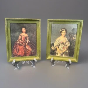 VTG Miniature Portrait Litho Prints Italy Wood Frames Set Of 2 6x4 Green - Picture 1 of 12